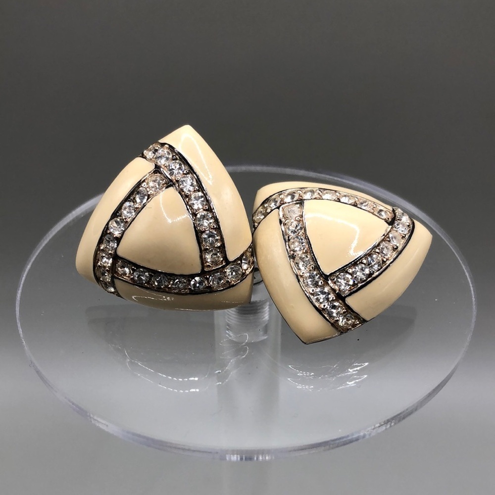 Vintage St.John enamel rhinestone statement-glam triangle clip on earrings.